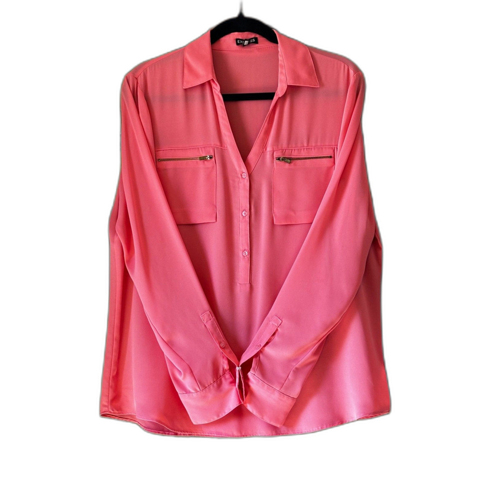 Express Portofino Women's Button-Up Blouse, Coral Pink Size L